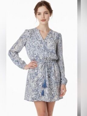 Rebecca Taylor  Blue Floral Tie-Waist Long Sleeve Dress  100% silk